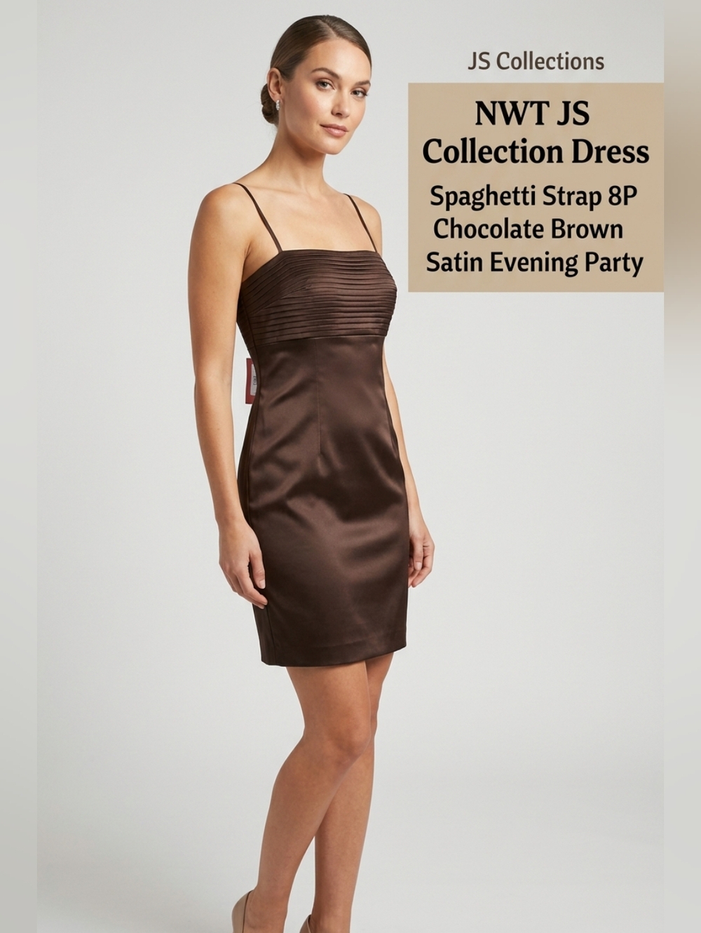Nwt JS Collection Dress Spaghetti Strap 8P Chocolate Brown Satin Evening Party